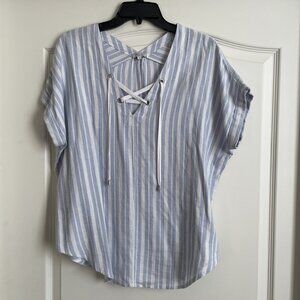 Rails blue & white striped linen blend gauze popover tee shirt - Size Medium